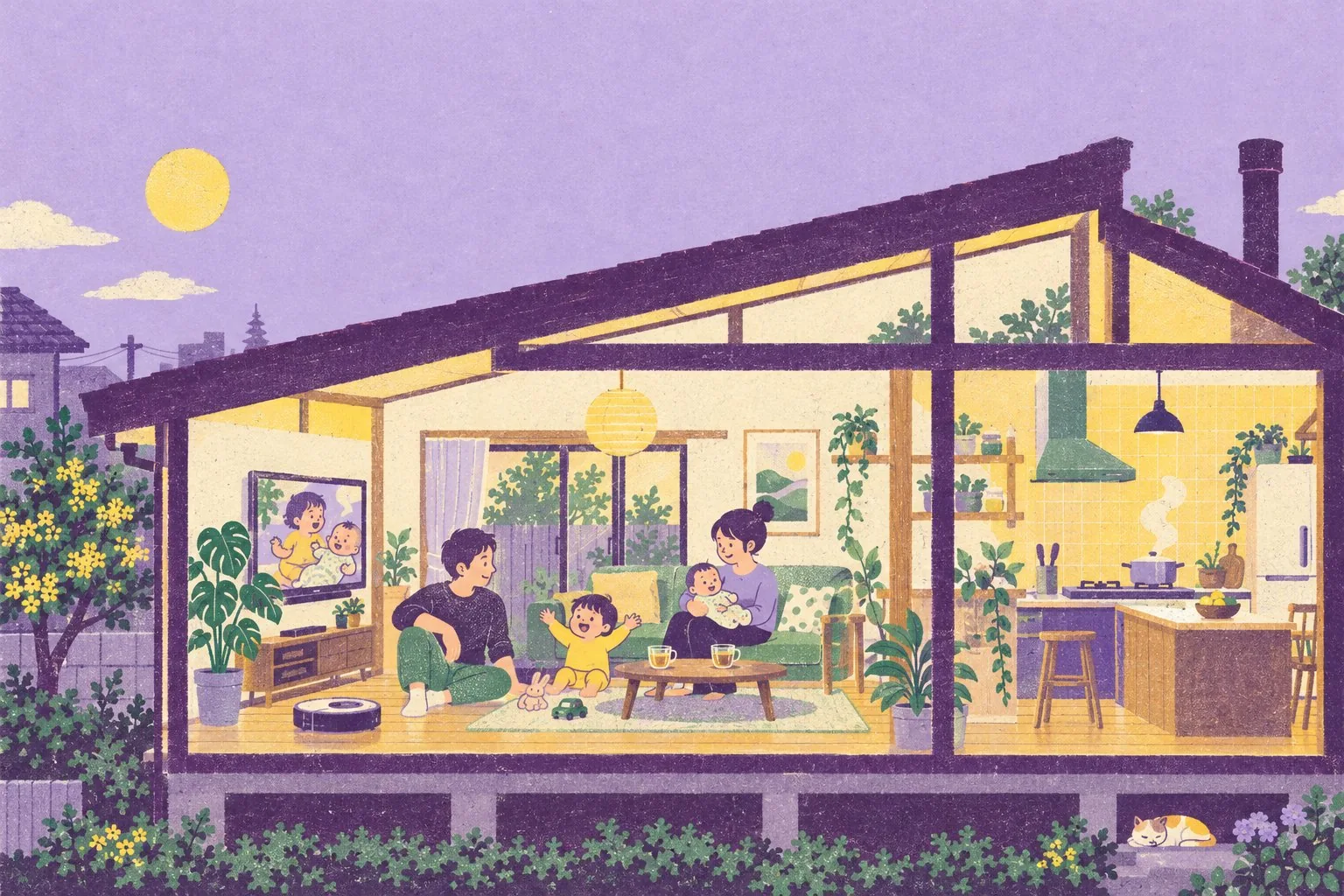 夕方の家のリビングで、家族がくつろぐ様子の絵